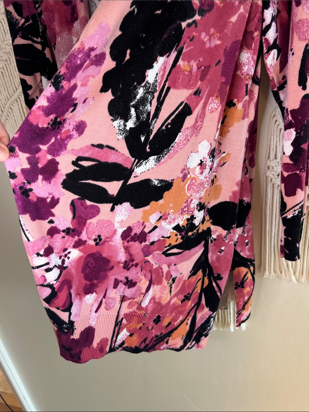 Avenue Open-Front Floral Cardigan in Pink, Purple & Black - Picture 3 of 4